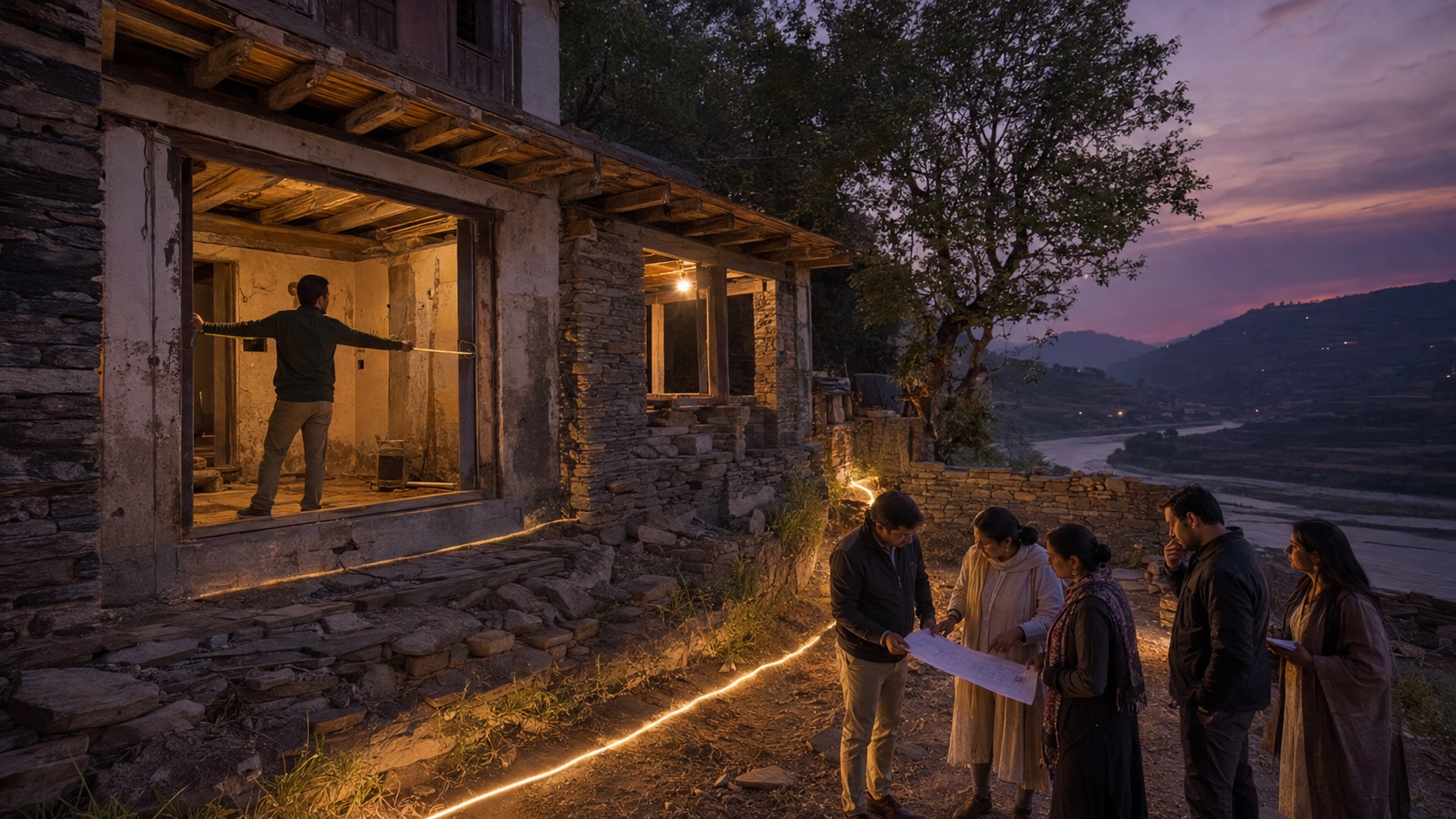 A property owner and development team assessing a hillside home