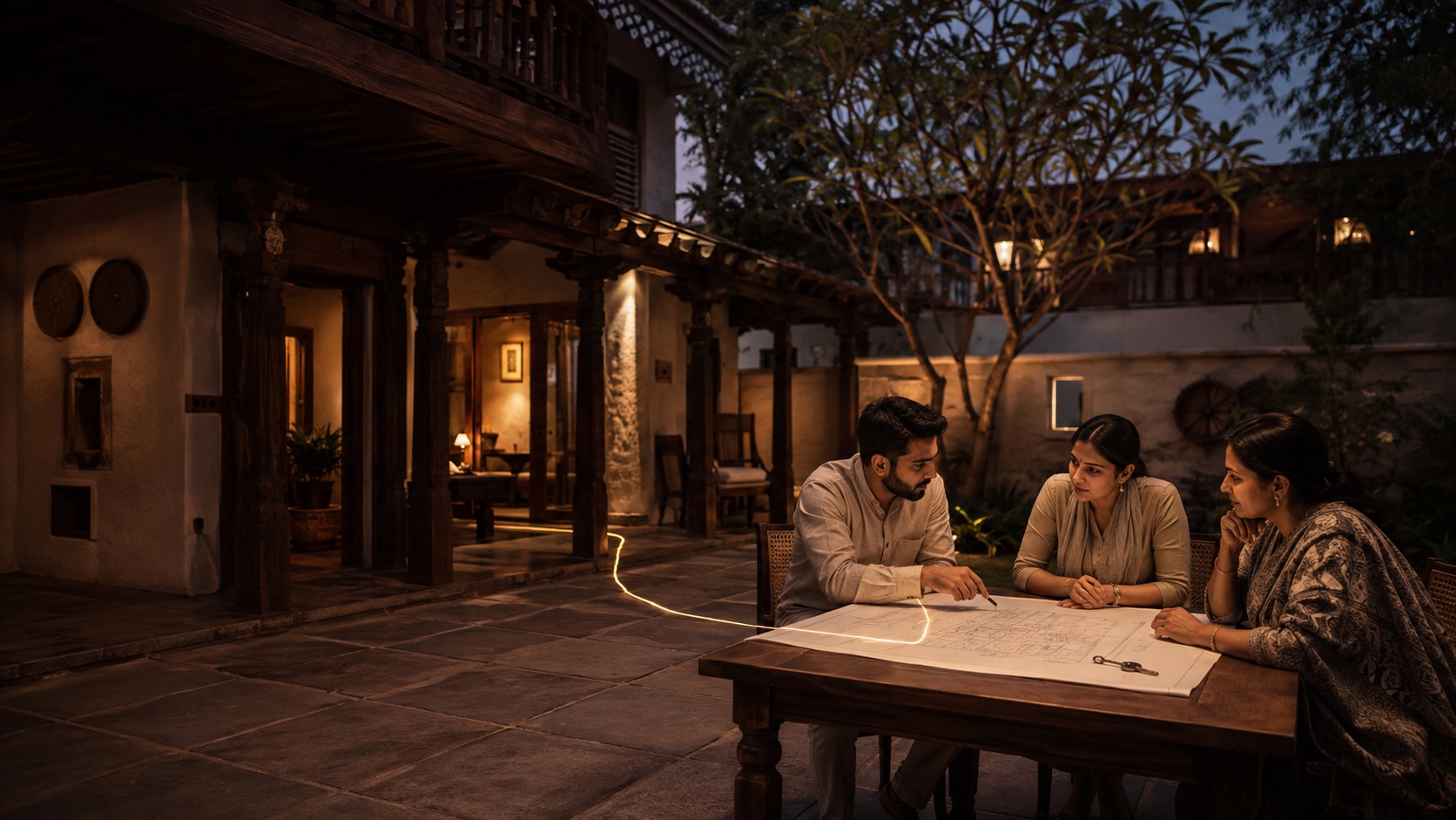 A property owner and homestay team reviewing a property plan in an Indian courtyard