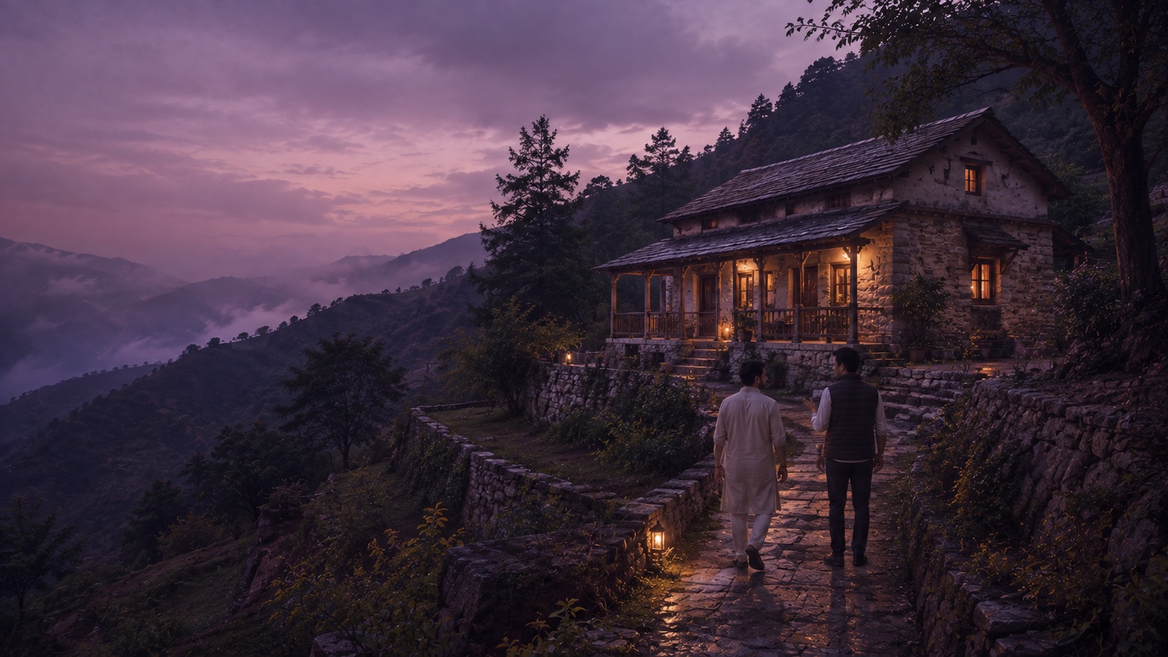 A traditional Himalayan home being approached by its owner and a property specialist