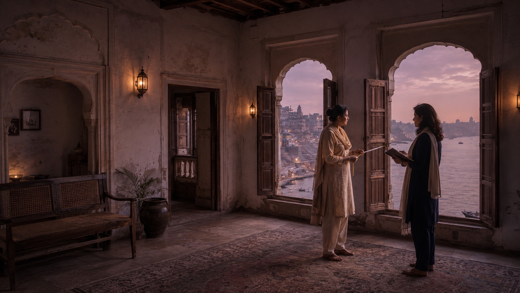 A property owner and specialist measuring a river-facing room in Varanasi
