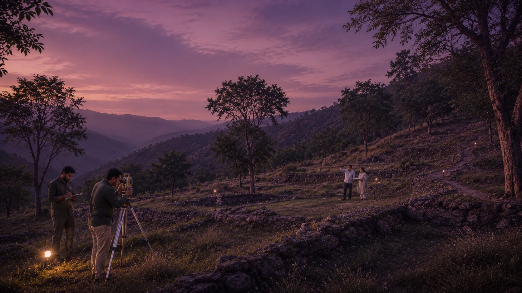 A survey team and property owners assessing terraced land in the Western Ghats