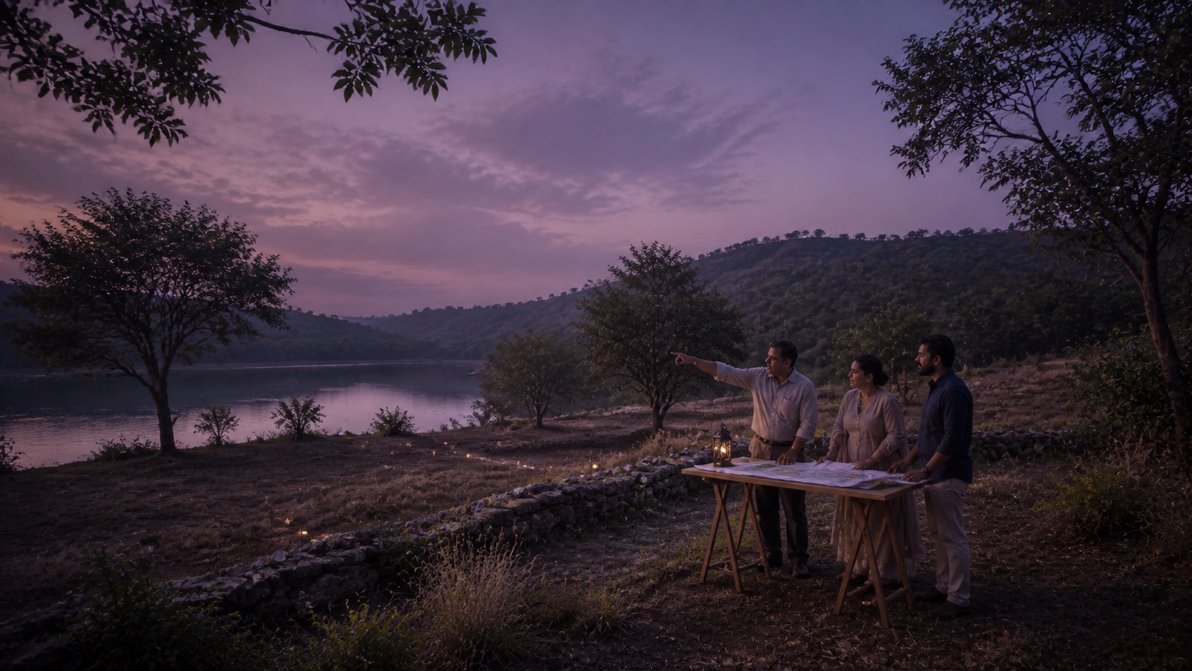 A landowner and property team reviewing an undeveloped lakeside plot
