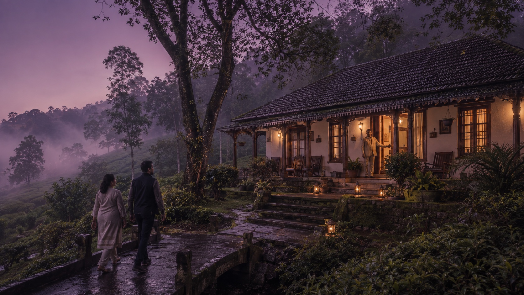 A family and operations specialist approaching a working plantation bungalow