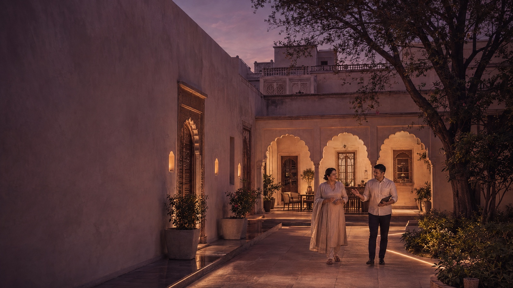A property owner and Rudraleela specialist discussing a heritage home at twilight