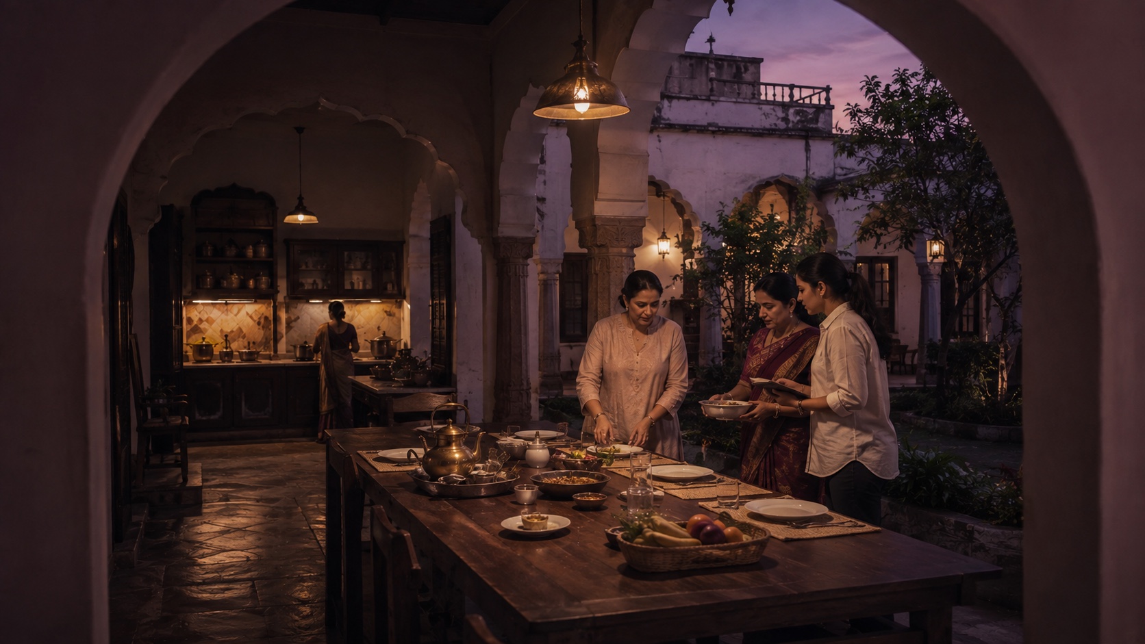 A homeowner and operations team preparing service inside an Indian courtyard home