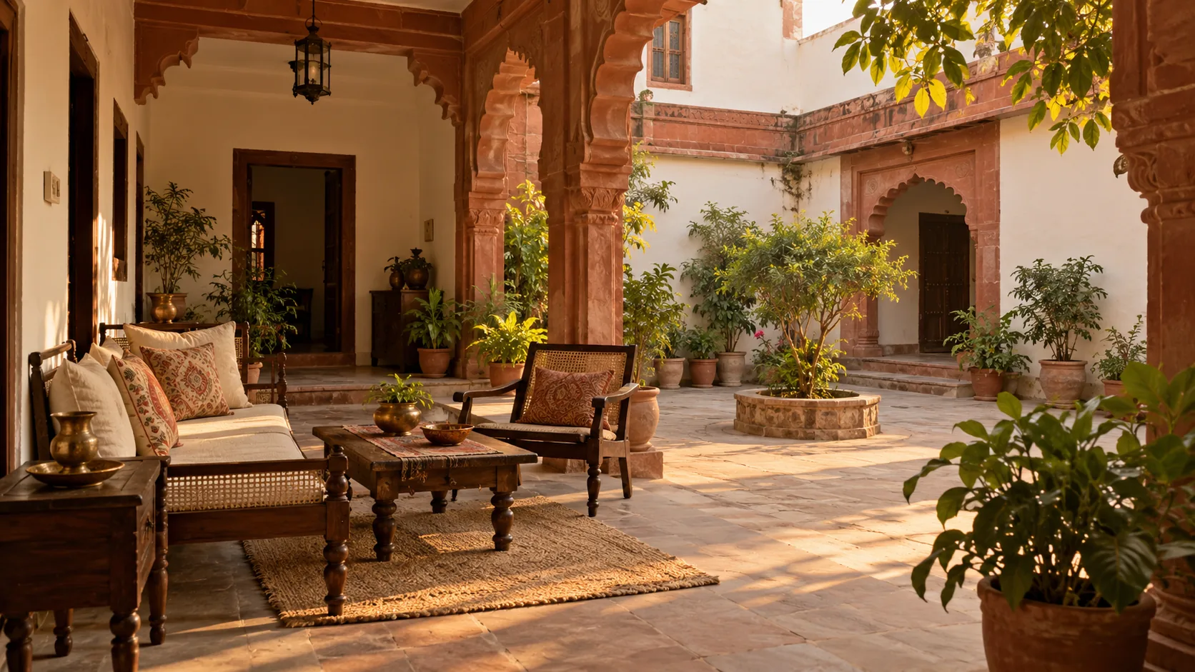 Agra-inspired residential courtyard with red-sandstone arch and guest seating