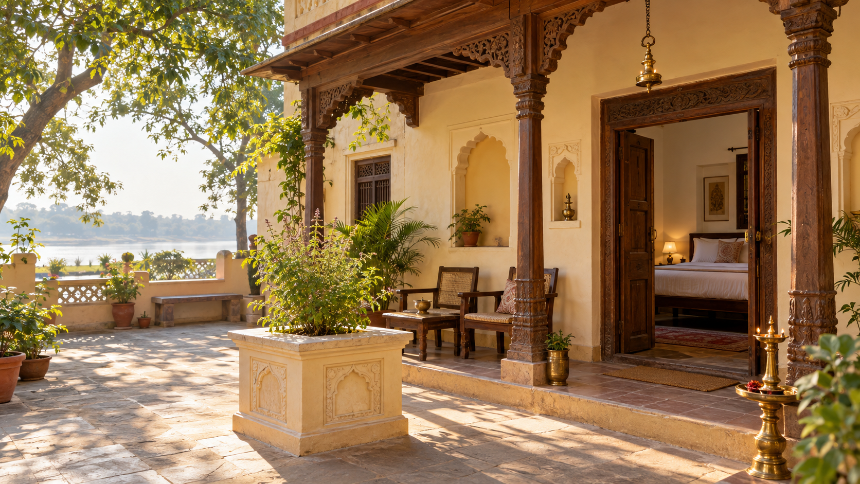 An Ayodhya-inspired courtyard home with a shaded veranda and guest room