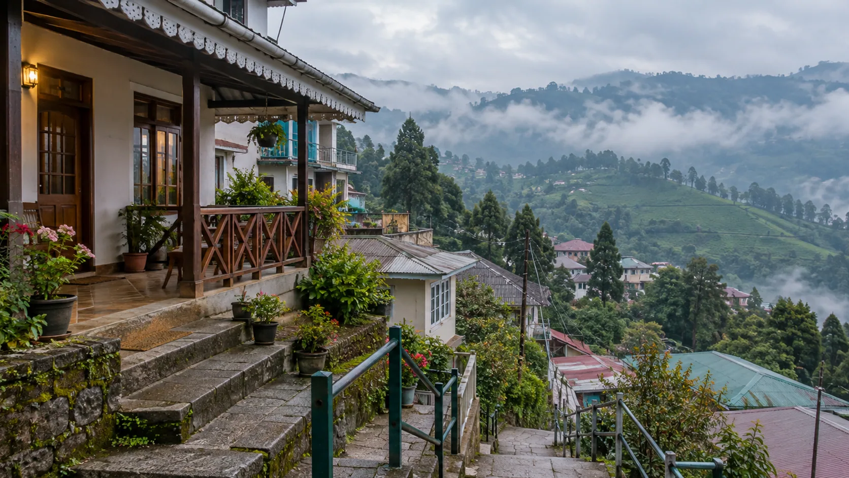 Terraced Darjeeling hill-town home with railed steps and misty slopes