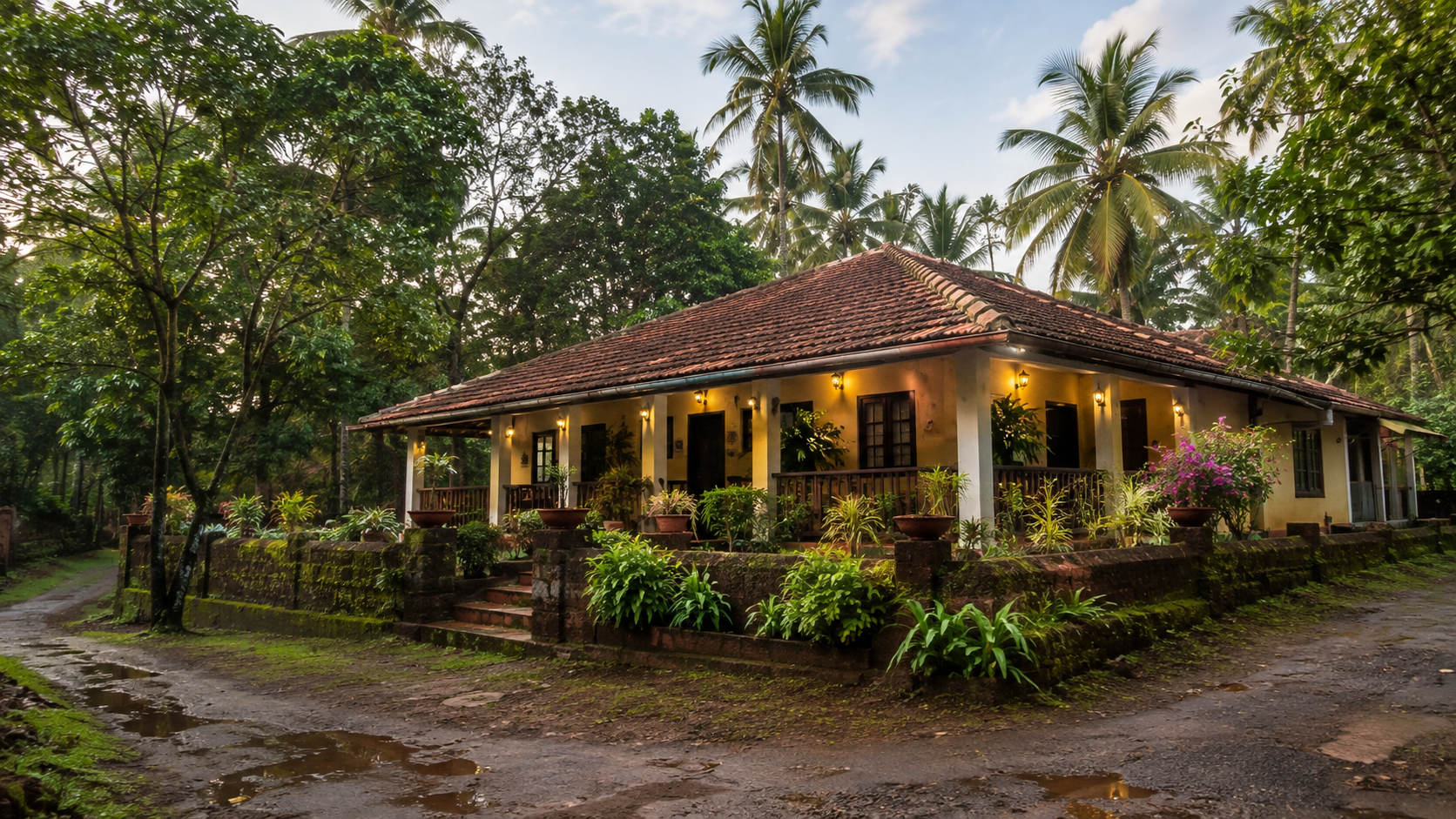 A traditional tiled-roof private home in a tropical inland Goa village