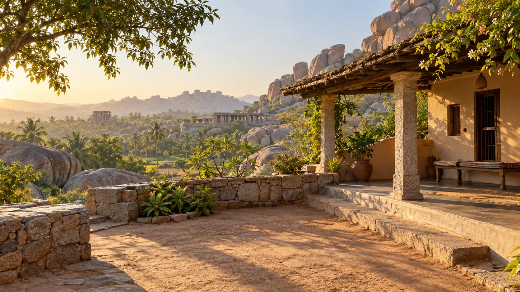 Earth-toned private home beside a granite-boulder landscape near Hampi