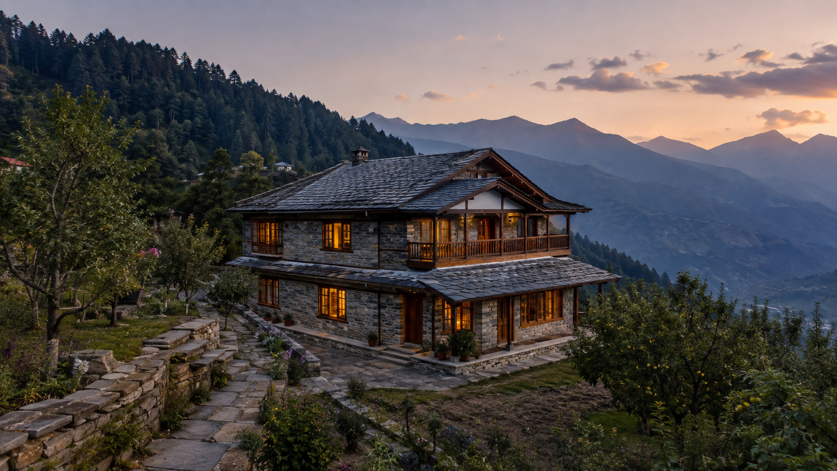 A stone and timber private home in a Himachal Pradesh orchard at dusk