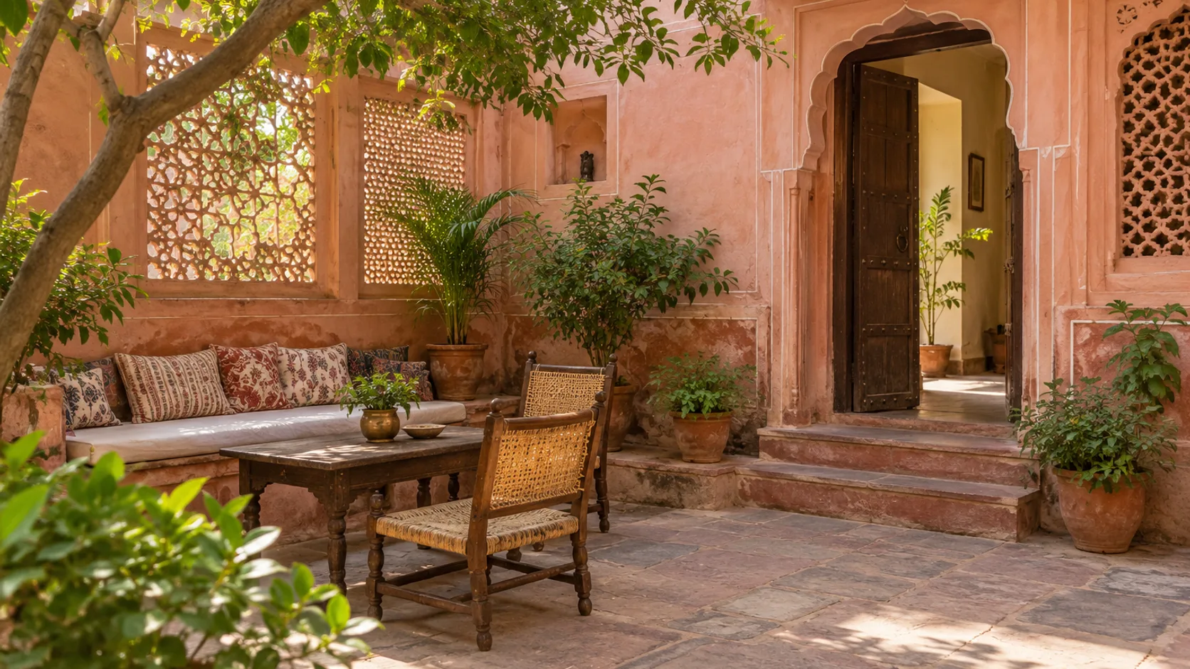 Jaipur-inspired residential courtyard with muted pink plaster, jali screens and a small guest seating area