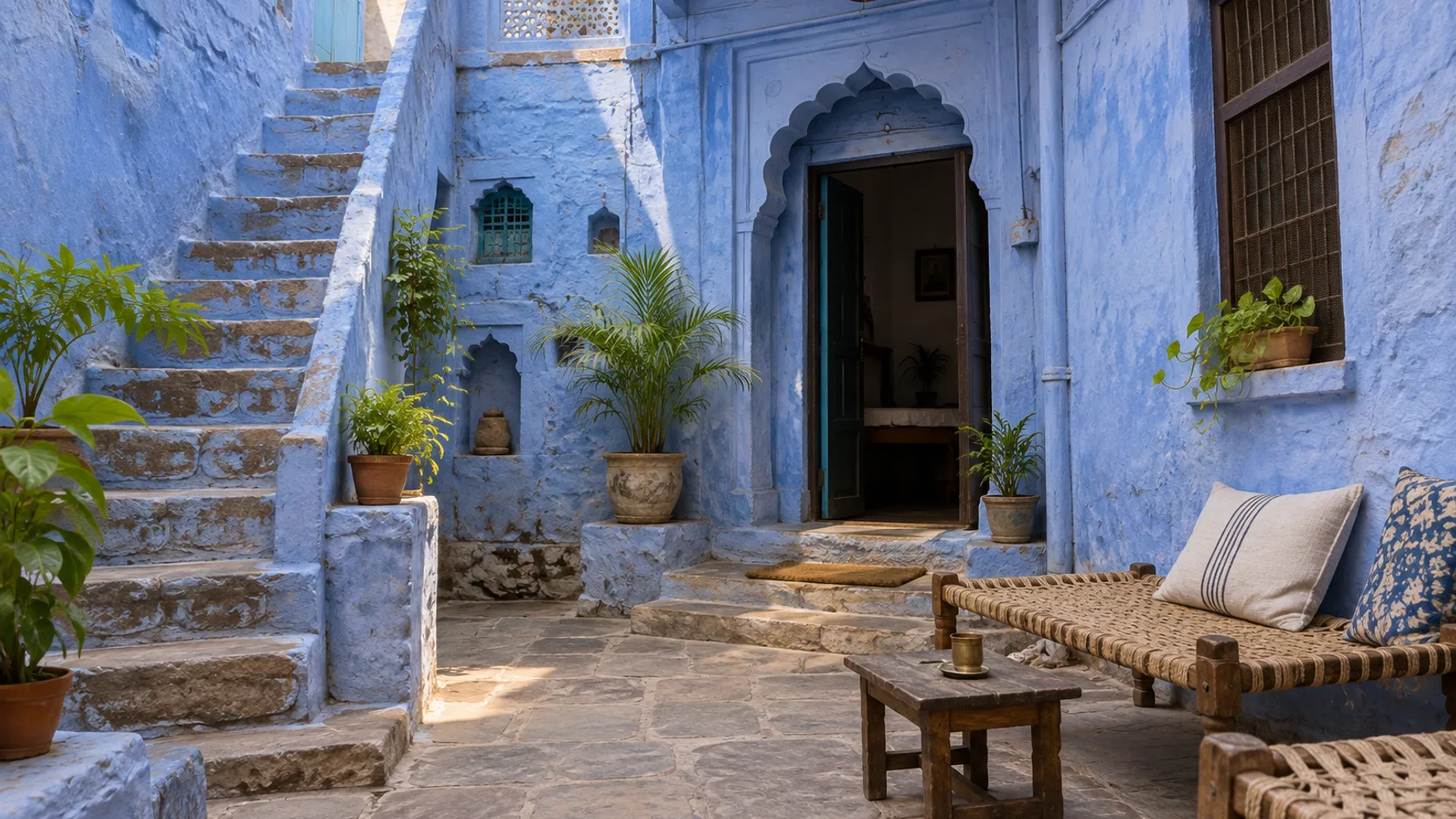 Jodhpur-inspired blue-limewashed residential courtyard with a small stone stair and woven seating