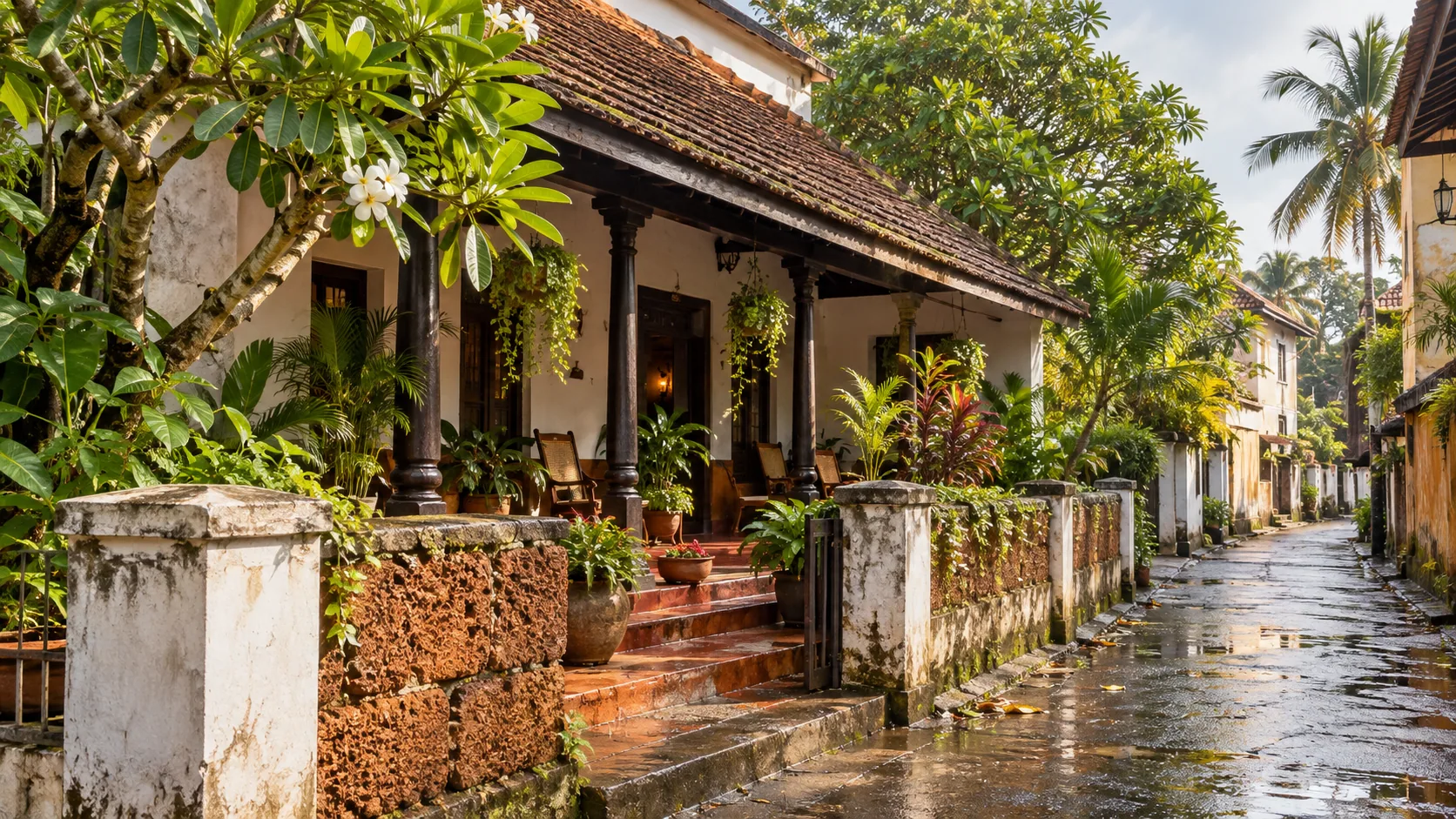 Tiled-roof residential home and shaded verandah on a Kochi lane after rain