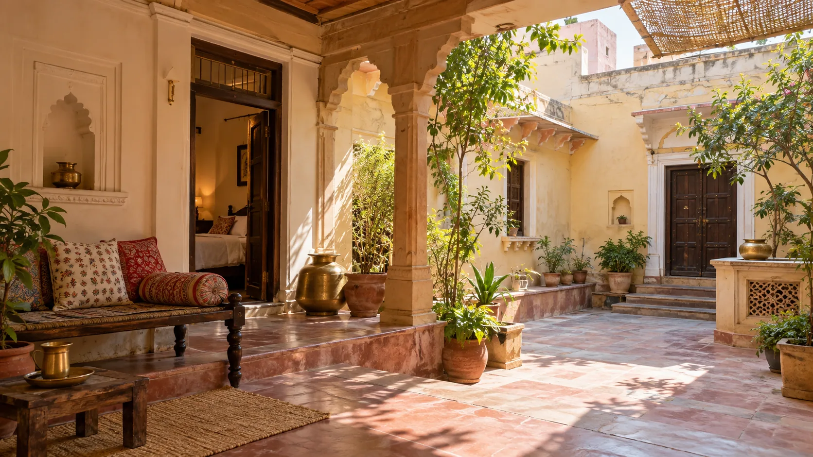 Mathura-inspired residential courtyard with guest room and shaded seating