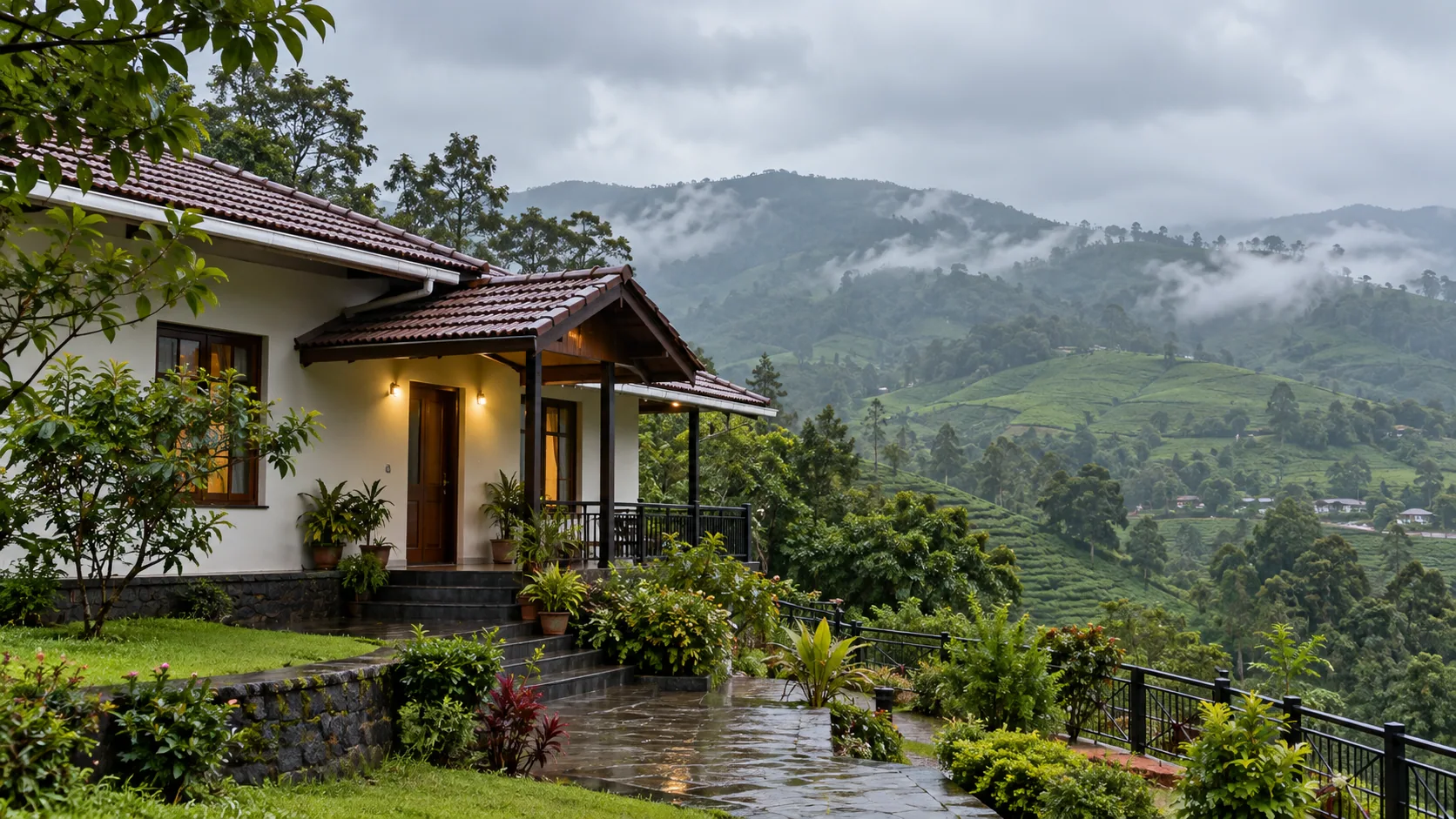 Tiled-roof hillside home overlooking misty tea-growing hills near Munnar
