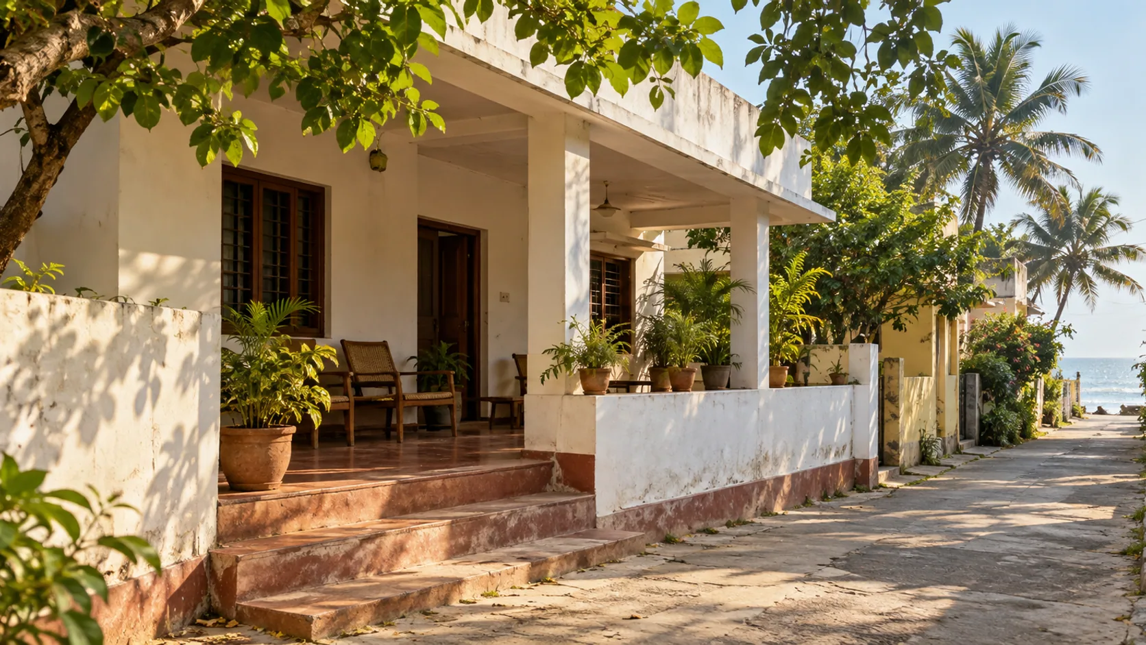 Modest residential verandah on a coastal lane near Puri