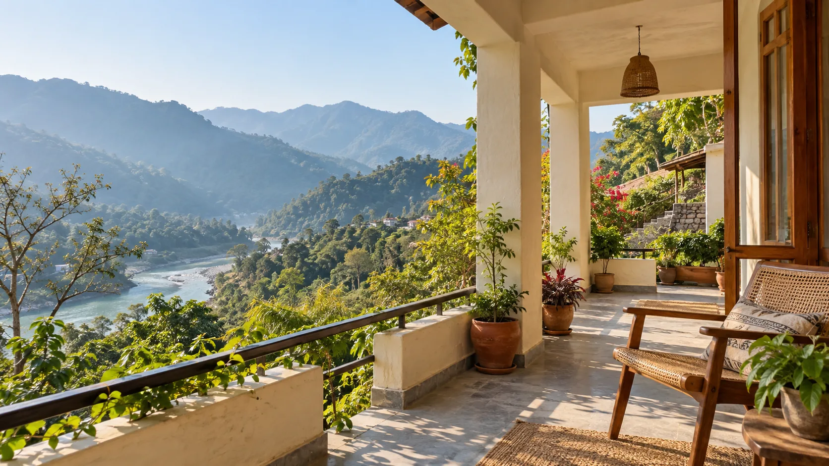 A modest hillside verandah looking across a wooded river valley in the Rishikesh region