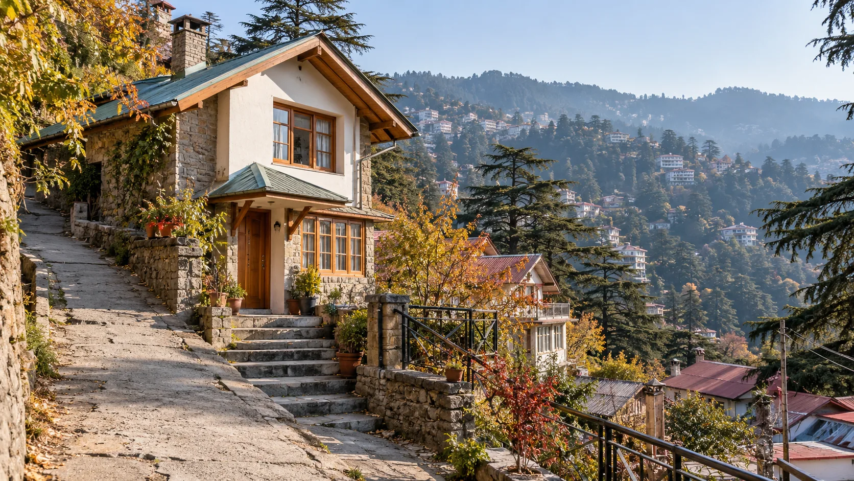 Compact stone and timber hillside residence with steps and a narrow approach in a Shimla-inspired setting
