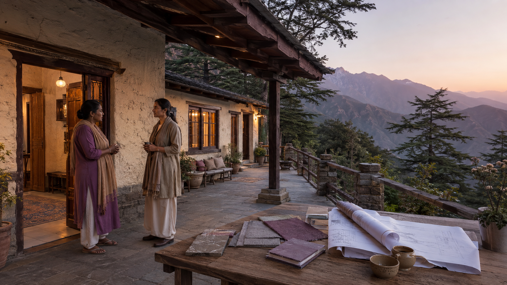 Two women discussing a stone-and-timber mountain home, with plans and material samples on a veranda table