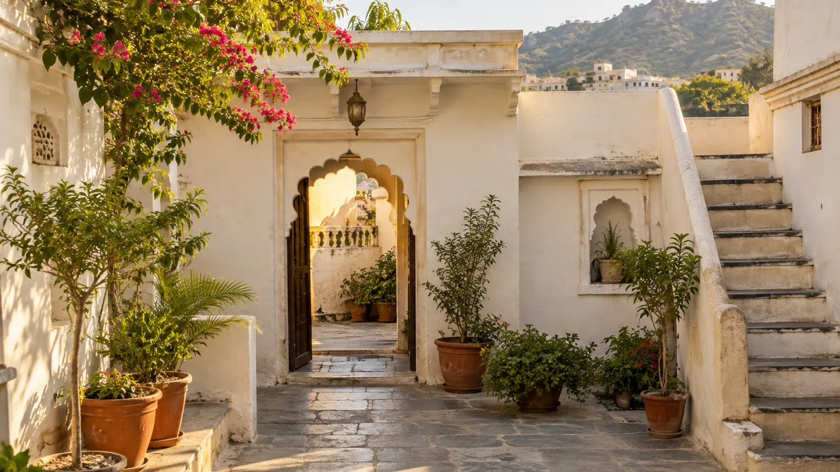 Udaipur-inspired limewashed residential courtyard with plants, stone stairs and a distant hillside