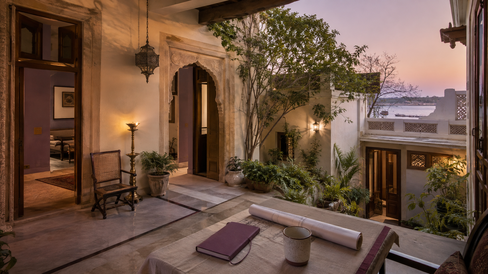 A warm sandstone and lime-plaster courtyard home inspired by Varanasi, with a planted veranda and a distant river view
