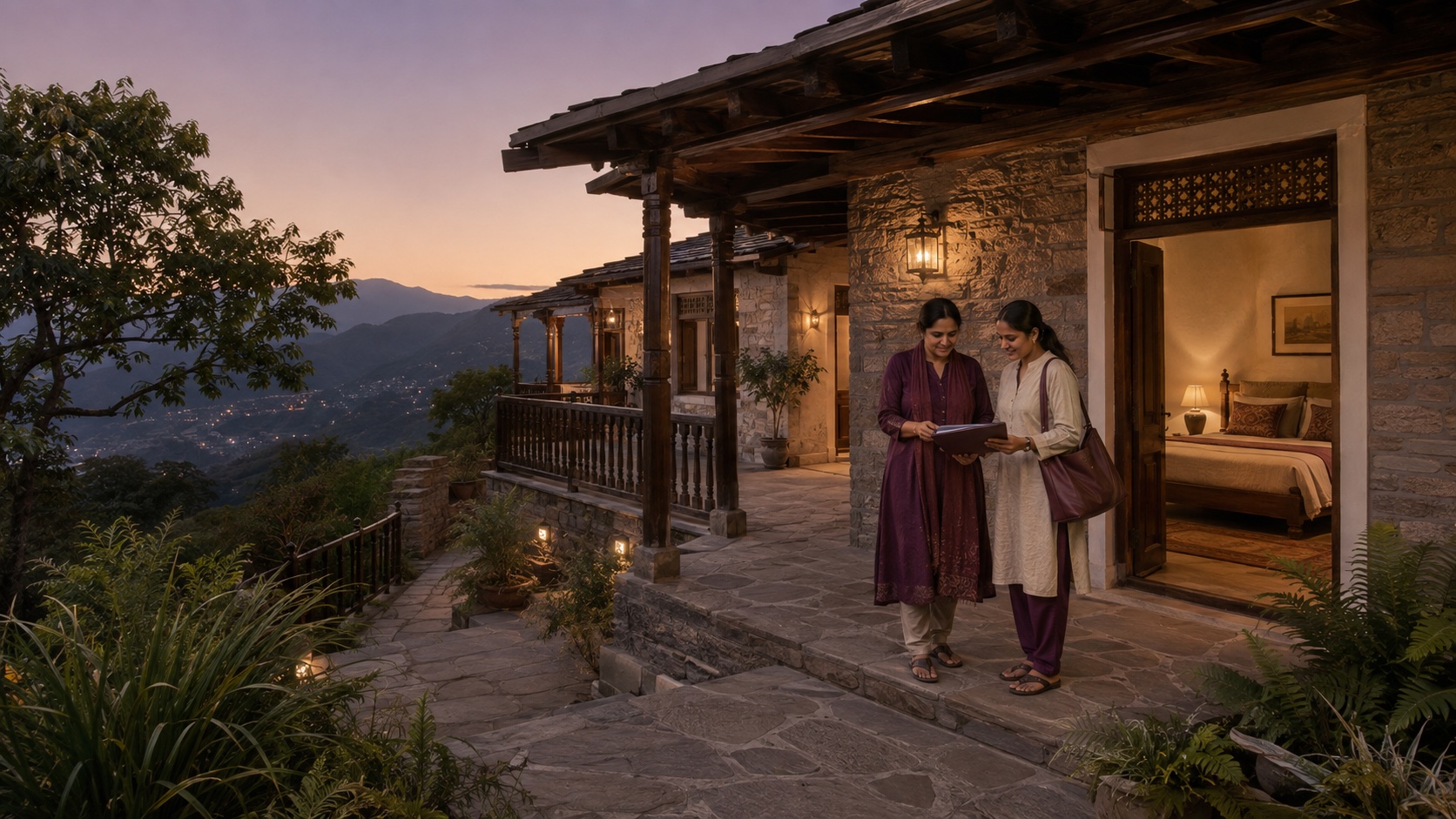Two Indian women reviewing a mountain homestay beside a stone and timber veranda in Uttarakhand
