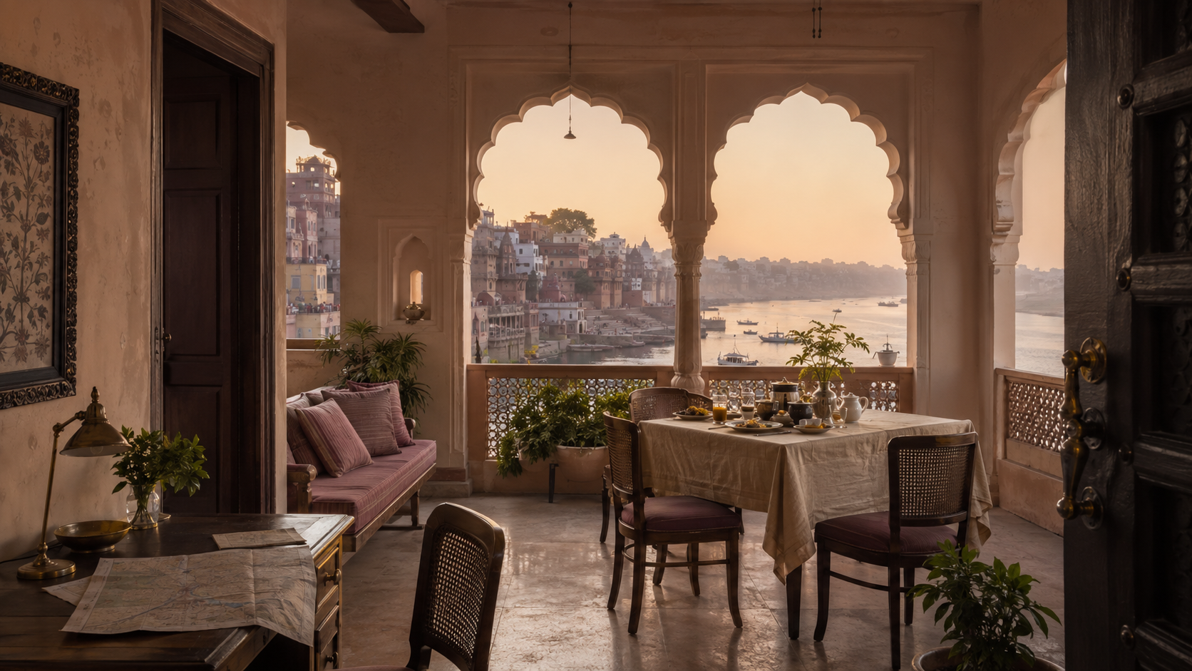 A Varanasi home with a breakfast terrace and writing desk overlooking the Ganga and the ghats at dawn