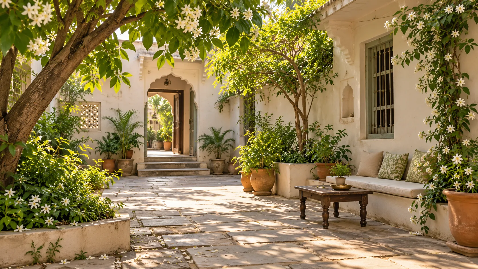 Vrindavan-inspired garden courtyard with shaded guest seating