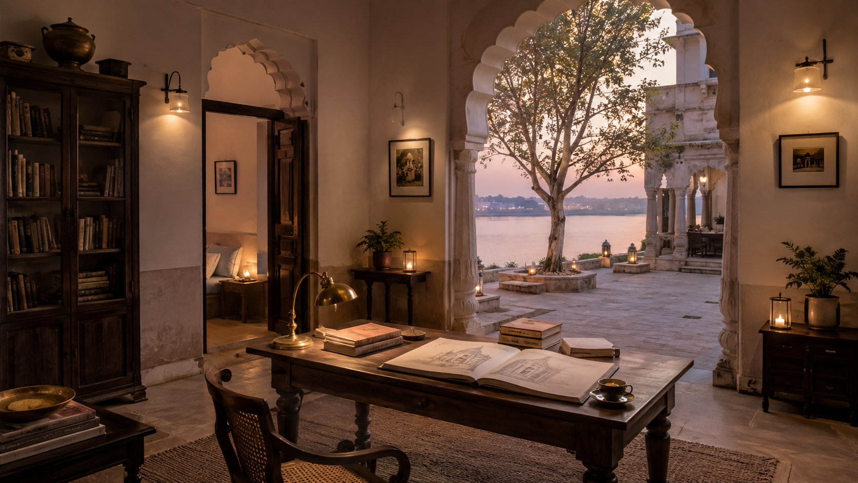 An Indian heritage reading room with architectural books and plans overlooking a riverside courtyard