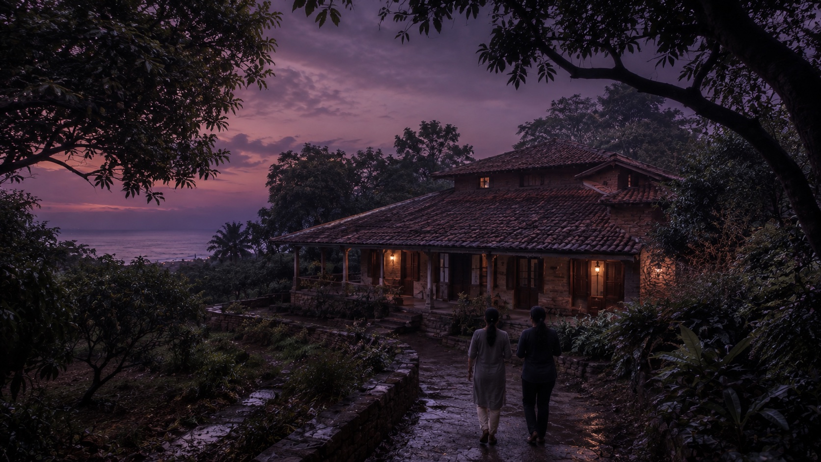 Property owners and a Rudraleela specialist discussing a home beside the backwaters