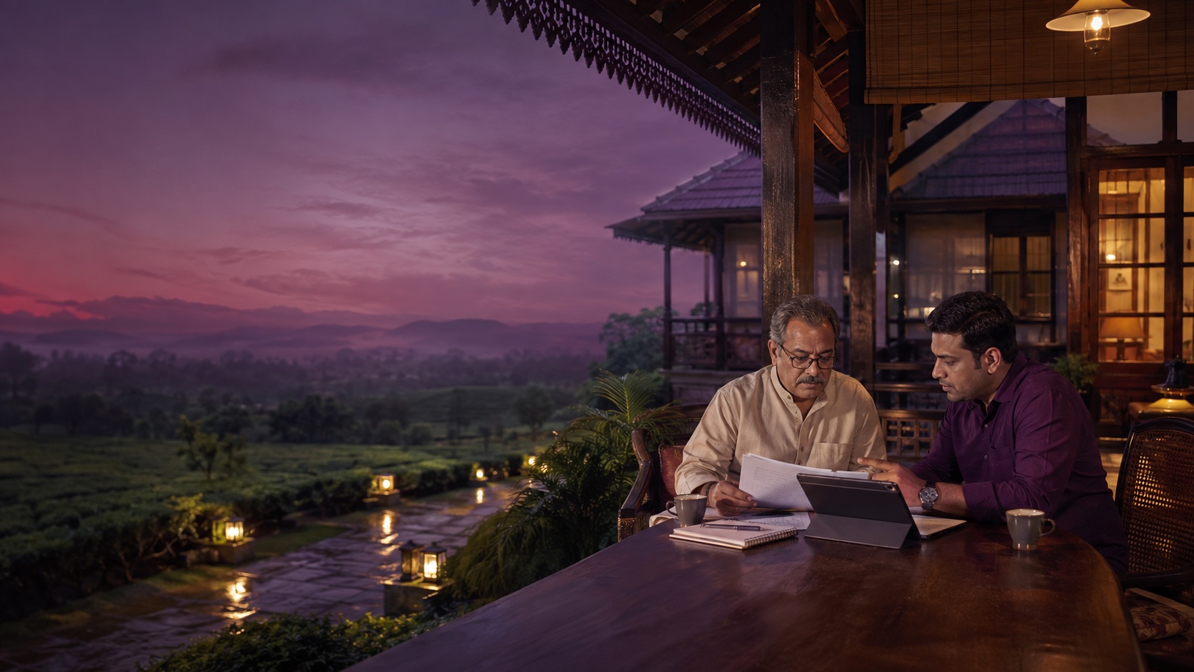 A property owner and Rudraleela manager reviewing the monthly homestay report