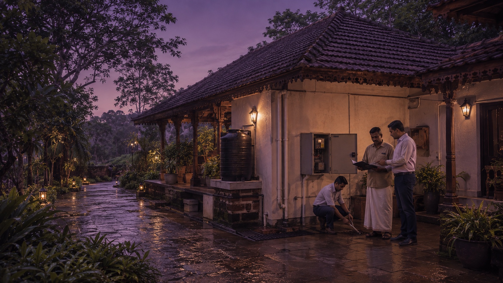 A Rudraleela property team inspecting water, electrical and maintenance systems at a Kerala homestay