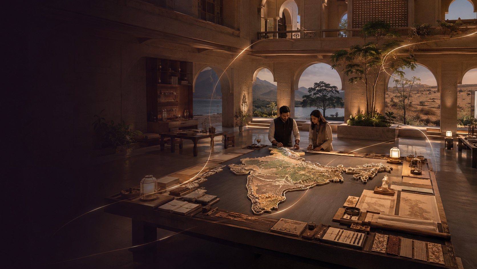 Indian researchers studying a national architectural planning table in a contemporary stone hall
