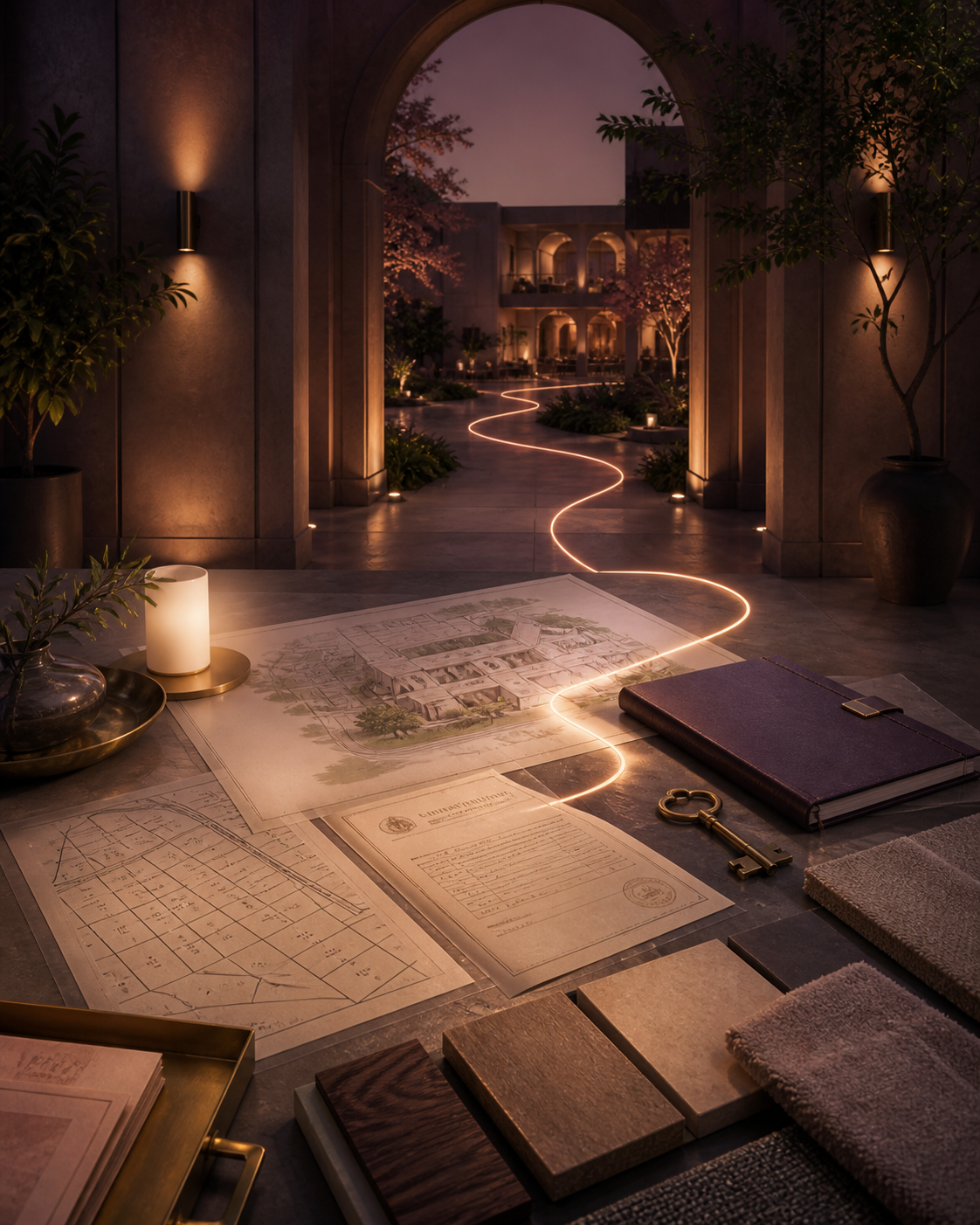 Property plans, material samples and an illuminated path into an Indian hospitality site