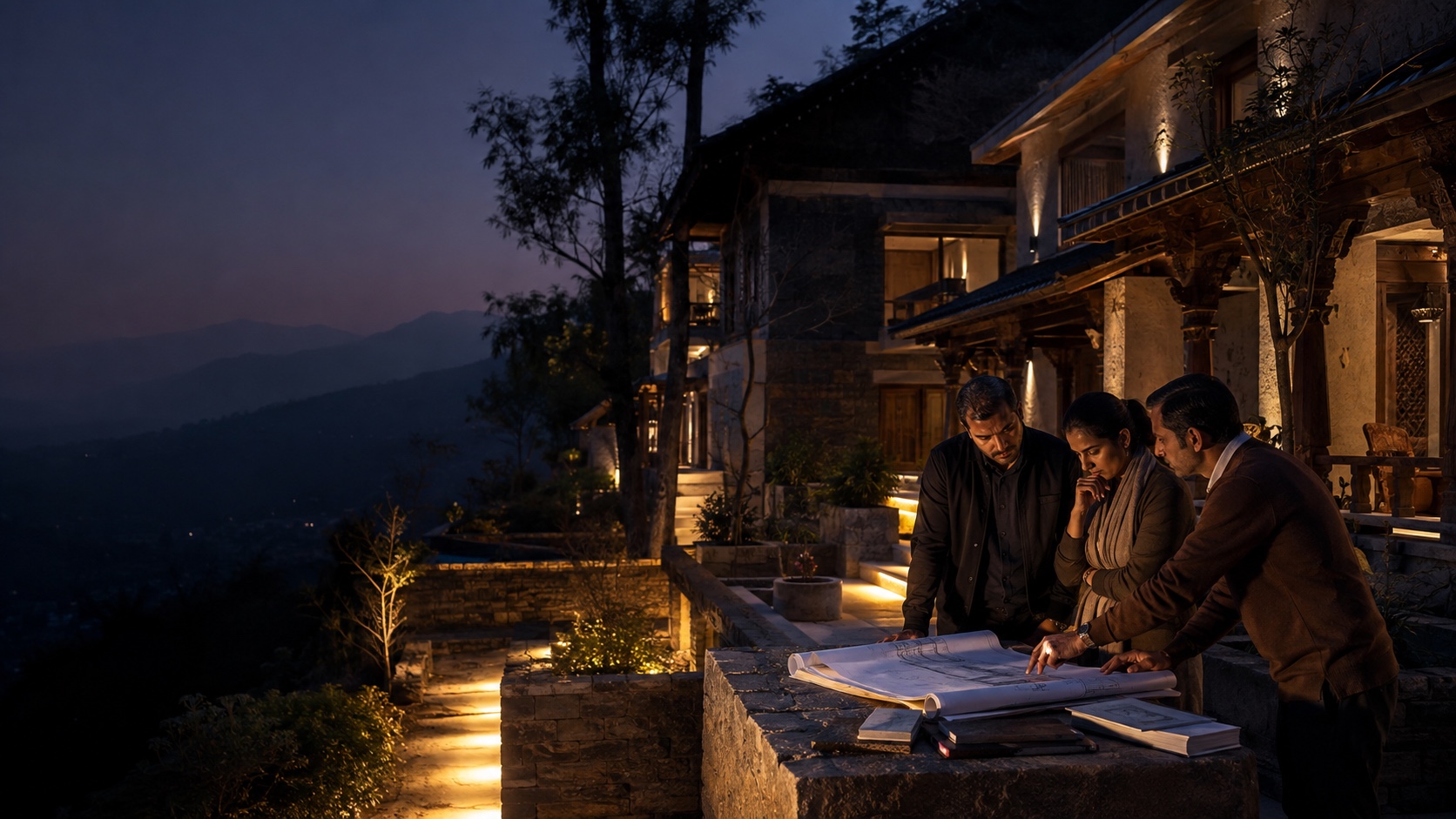 An Indian property owner and homestay team reviewing plans at a mountain property
