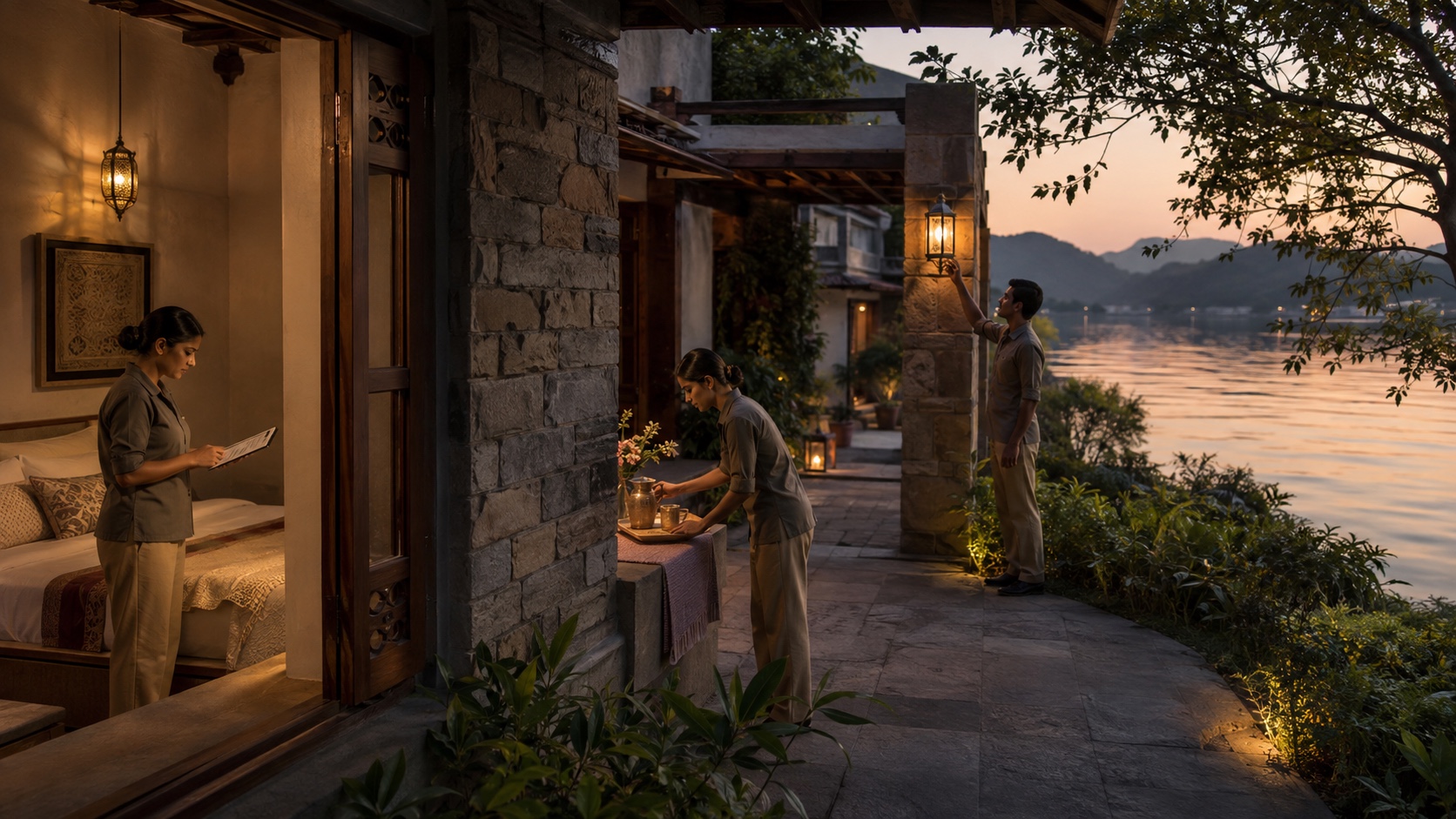 A Rudraleela operations team completing the final checks at an Indian lakeside homestay