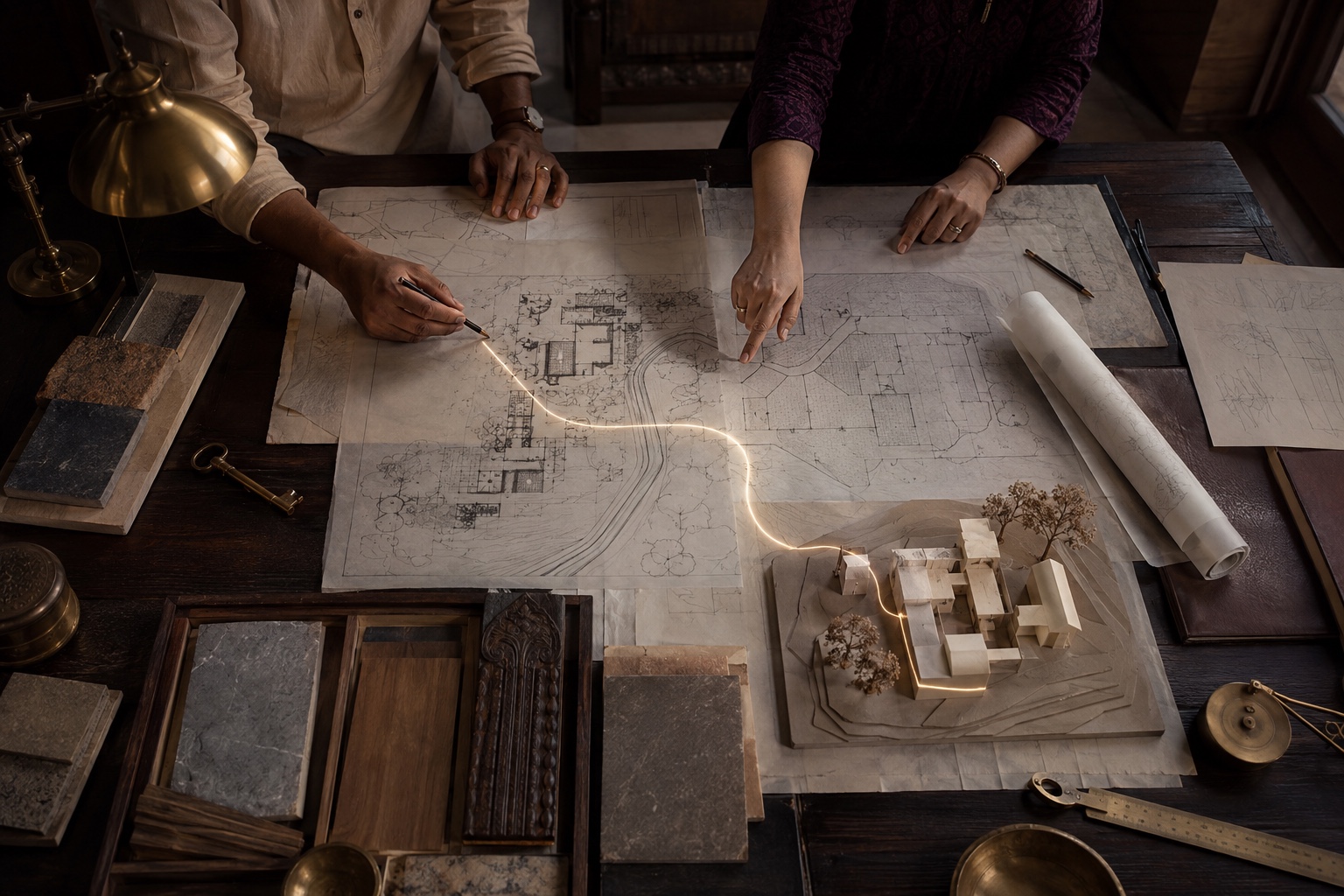 A homestay property plan, materials and model being reviewed on a planning table